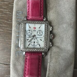 Michelle diamond embossed deco watch with hot pink leather band .